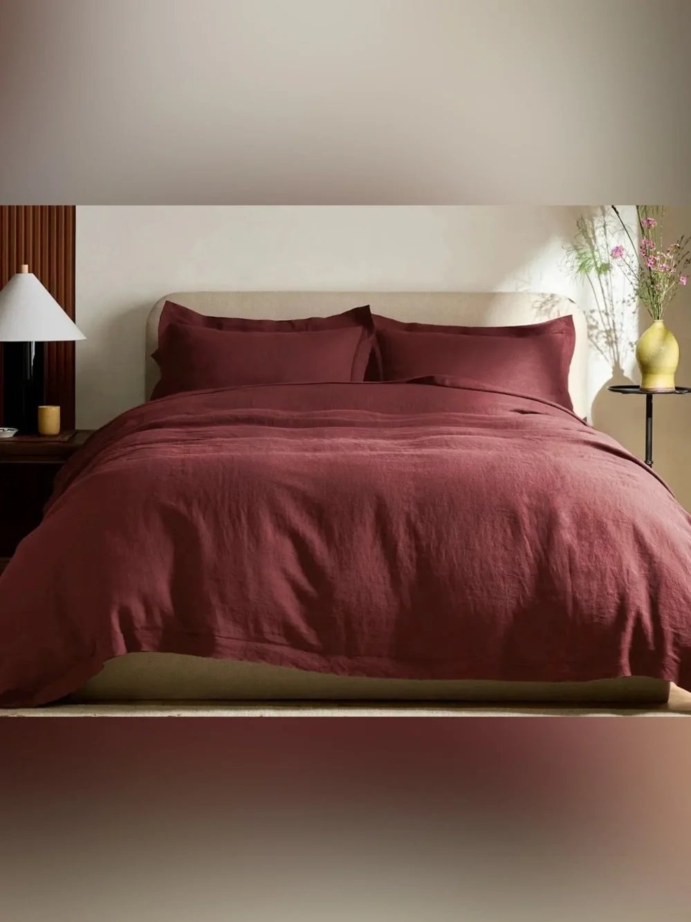 Quince European Linen Double Flange Duvet Cover, Full/Queen (Burgundy)